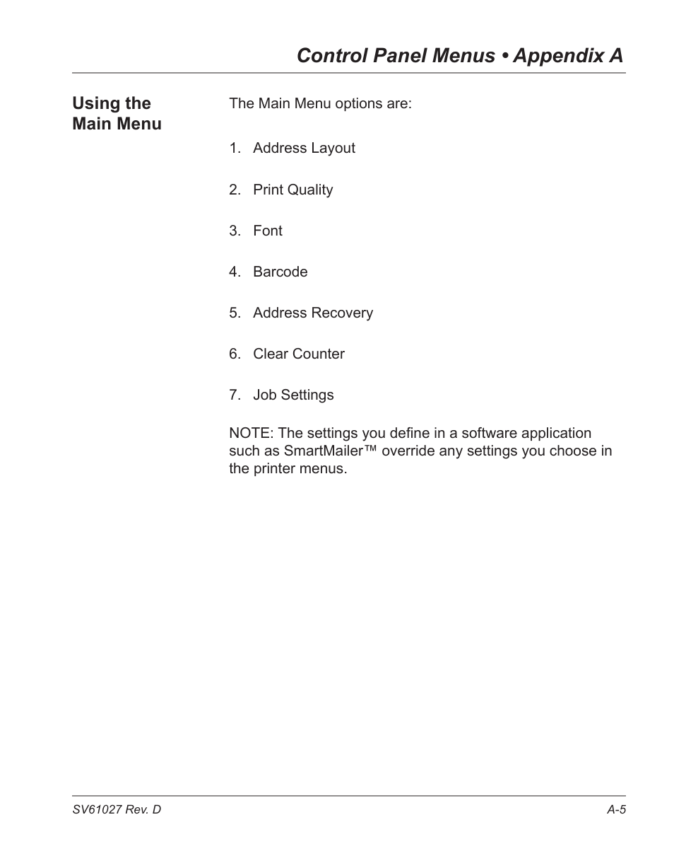 Control panel menus • appendix a | Pitney Bowes ADDRESSRIGHT DA700 User Manual | Page 89 / 140