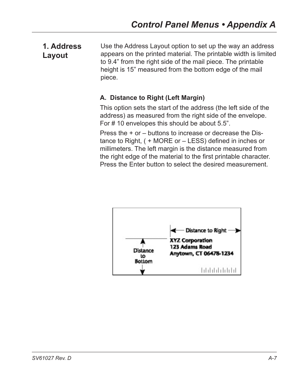 Control panel menus • appendix a | Pitney Bowes ADDRESSRIGHT DA700 User Manual | Page 91 / 140
