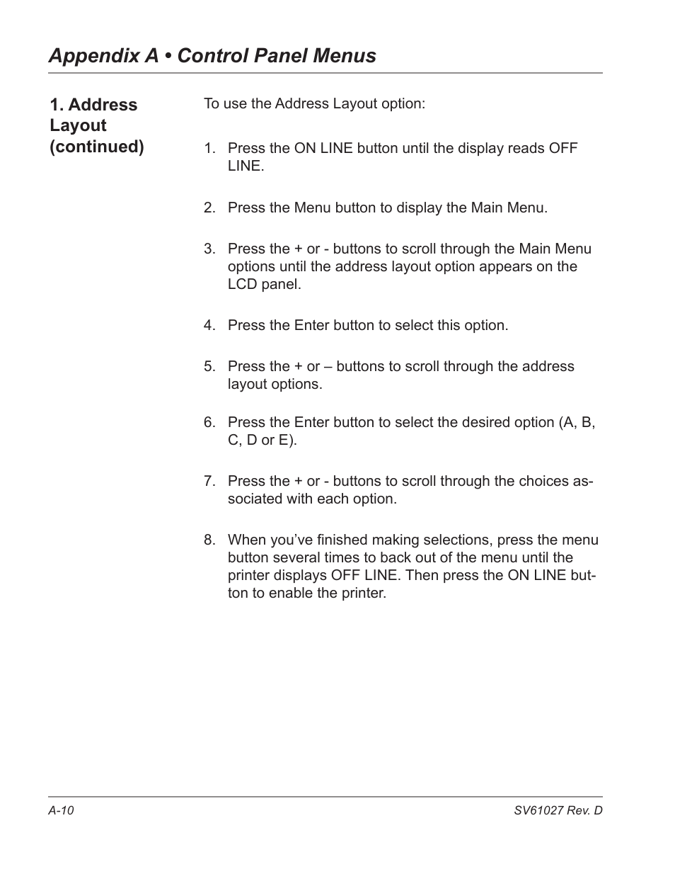 Appendix a • control panel menus | Pitney Bowes ADDRESSRIGHT DA700 User Manual | Page 94 / 140