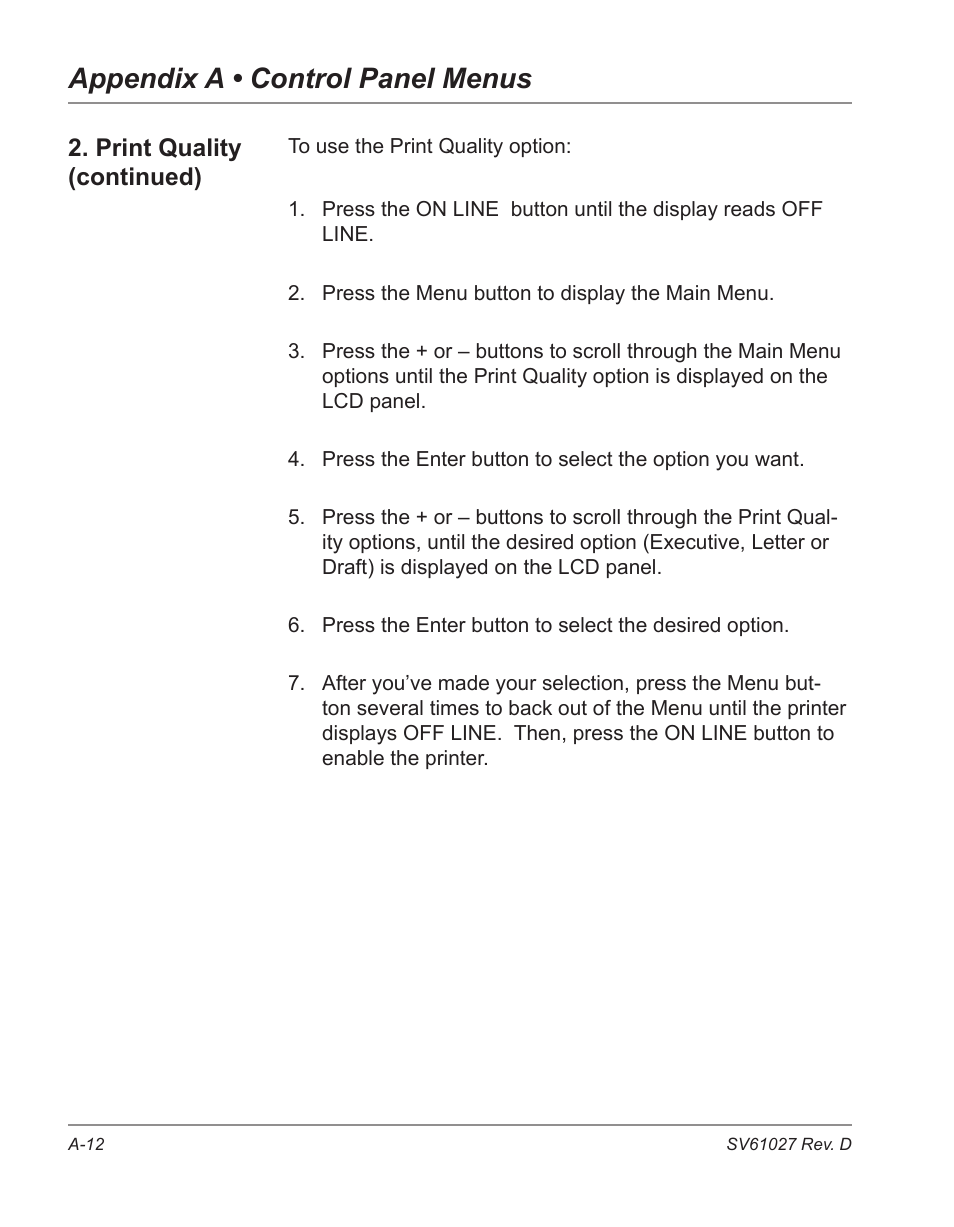 Appendix a • control panel menus, Print quality (continued) | Pitney Bowes ADDRESSRIGHT DA700 User Manual | Page 96 / 140