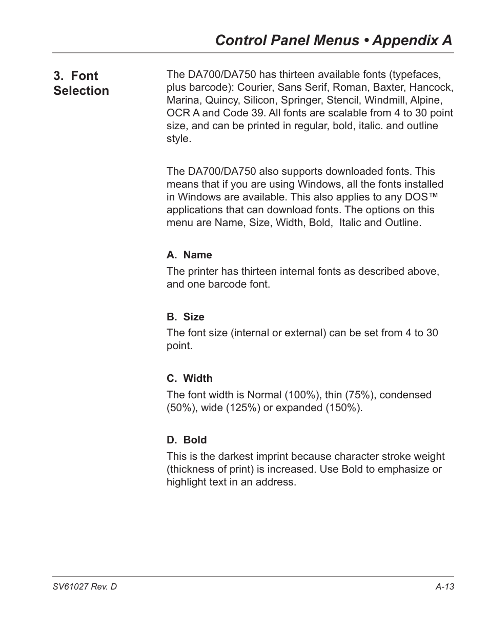 Control panel menus • appendix a, Font selection | Pitney Bowes ADDRESSRIGHT DA700 User Manual | Page 97 / 140