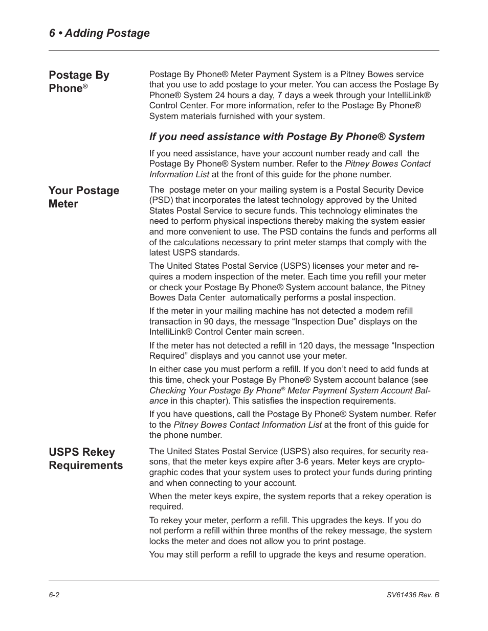 6 • adding postage your postage meter, Postage by phone, Usps rekey requirements | Pitney Bowes DM550 User Manual | Page 100 / 208