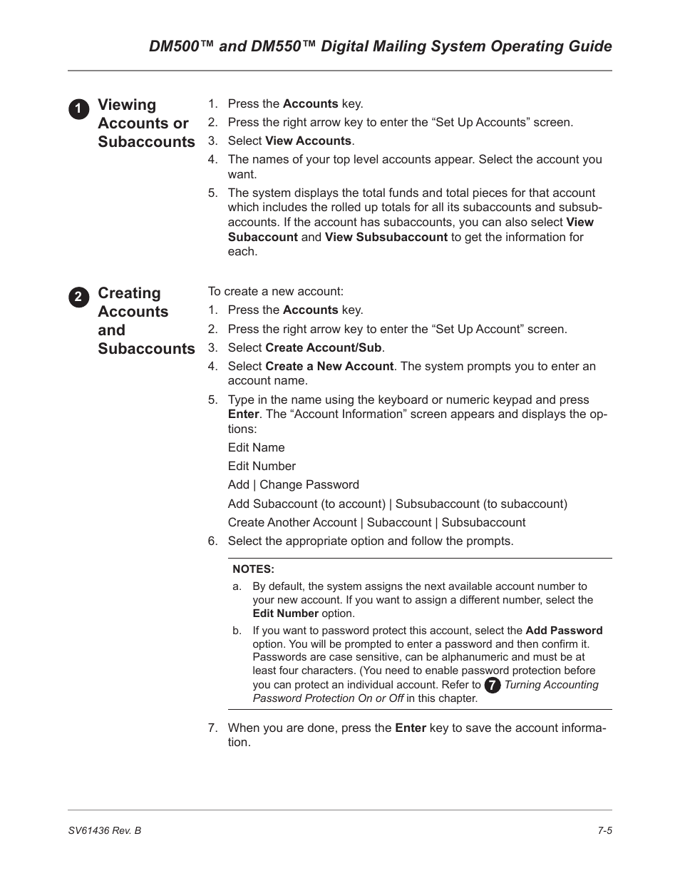 Viewing accounts or subaccounts, Creating accounts and subaccounts | Pitney Bowes DM550 User Manual | Page 111 / 208