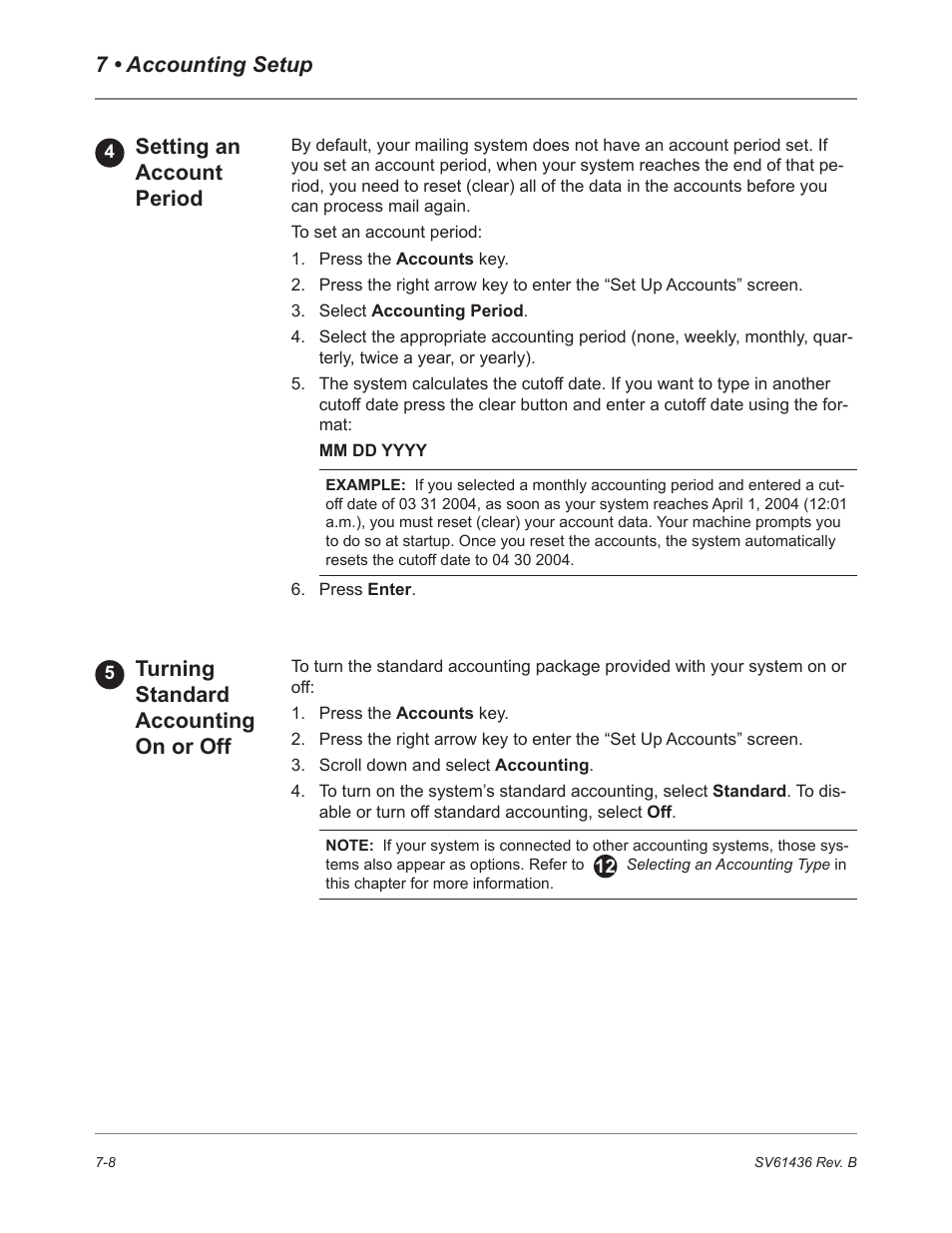 7 • accounting setup, Setting an account period, Turning standard accounting on or off | Pitney Bowes DM550 User Manual | Page 114 / 208