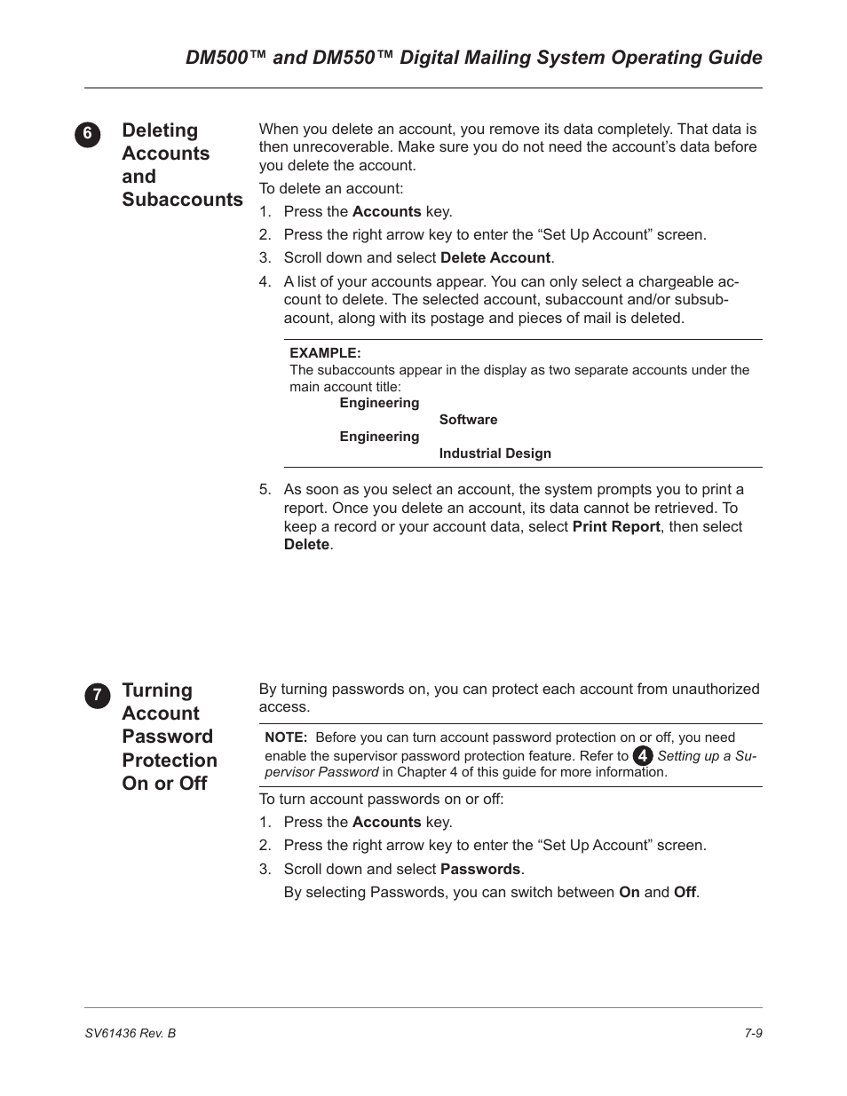 Turning account password protection on or off, Deleting accounts and subaccounts | Pitney Bowes DM550 User Manual | Page 115 / 208