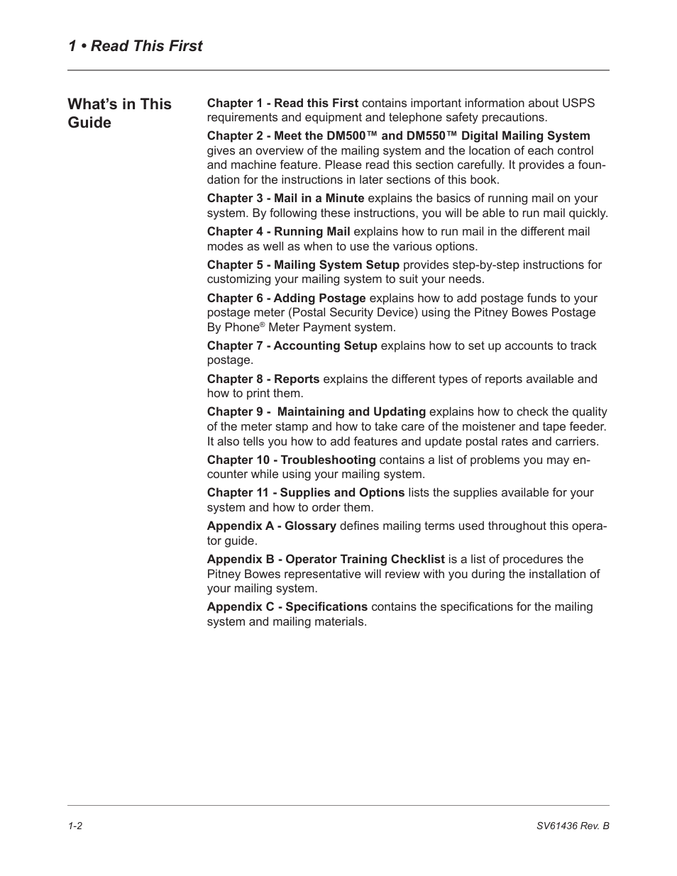 1 • read this first, What’s in this guide | Pitney Bowes DM550 User Manual | Page 12 / 208