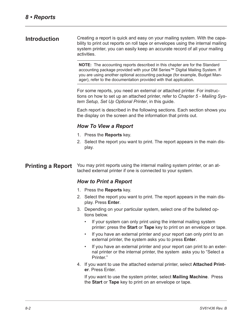 8 • reports introduction, Printing a report | Pitney Bowes DM550 User Manual | Page 124 / 208