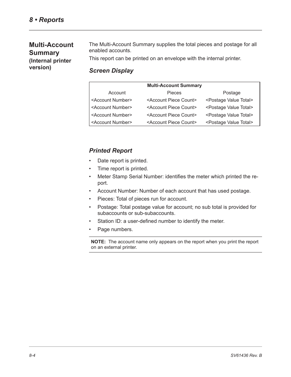 8 • reports, Multi-account summary, Screen display | Printed report | Pitney Bowes DM550 User Manual | Page 126 / 208