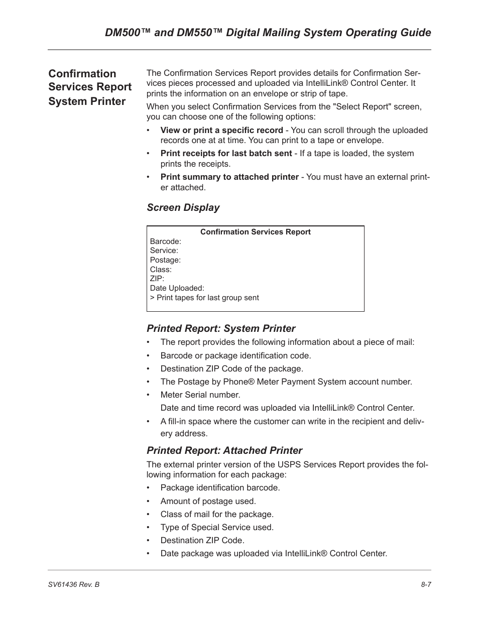 Confirmation services report system printer | Pitney Bowes DM550 User Manual | Page 129 / 208