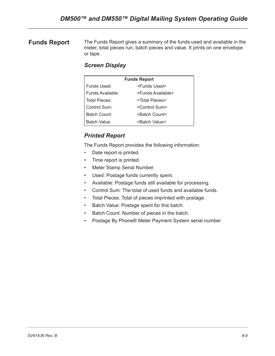 Funds report, Screen display, Printed report | Pitney Bowes DM550 User Manual | Page 131 / 208