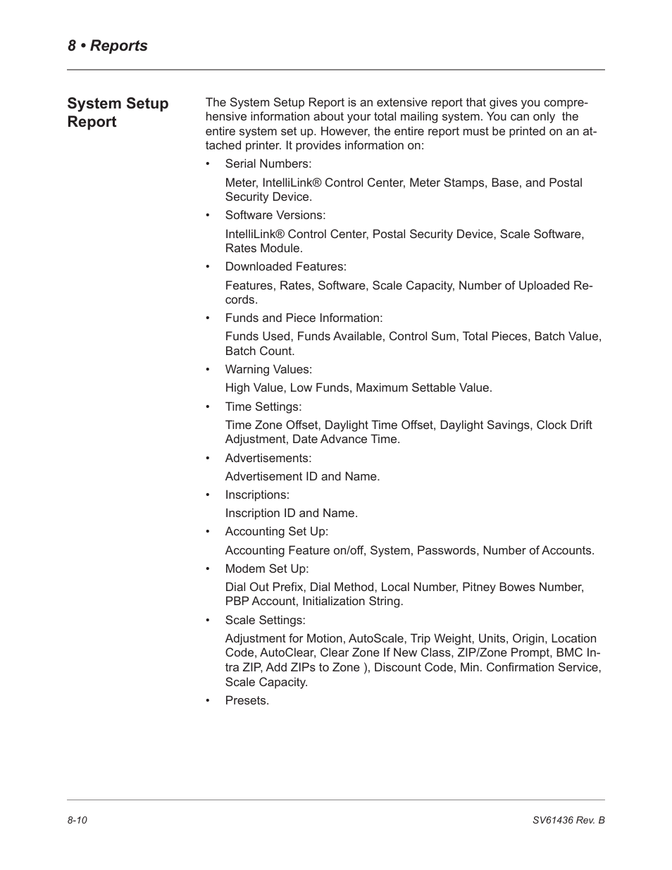 8 • reports system setup report | Pitney Bowes DM550 User Manual | Page 132 / 208