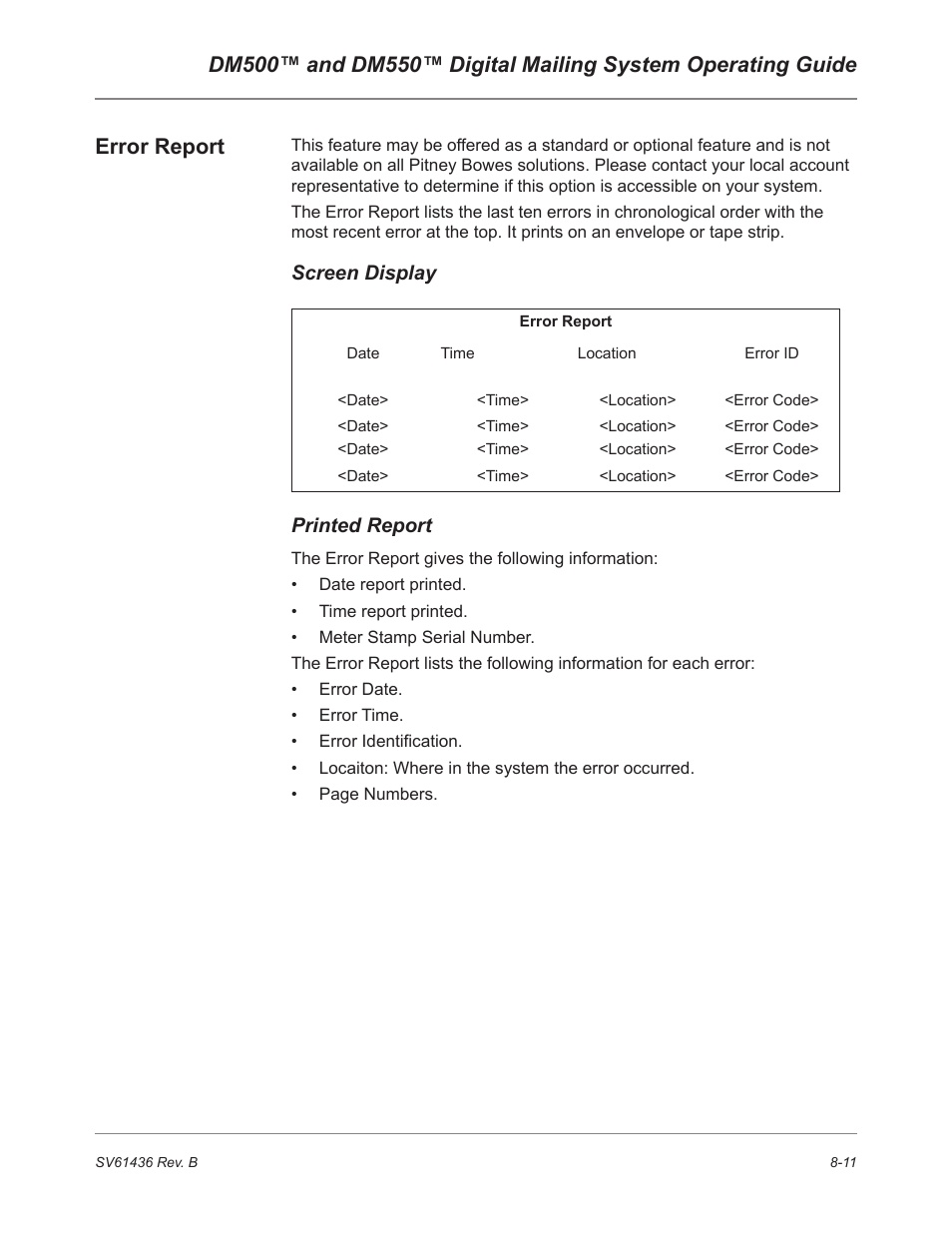 Screen display, Printed report | Pitney Bowes DM550 User Manual | Page 133 / 208