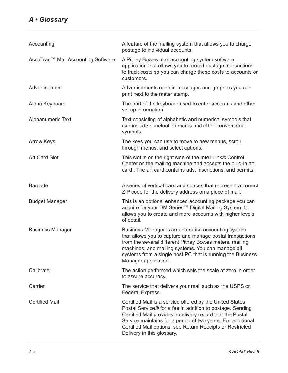 A • glossary | Pitney Bowes DM550 User Manual | Page 180 / 208