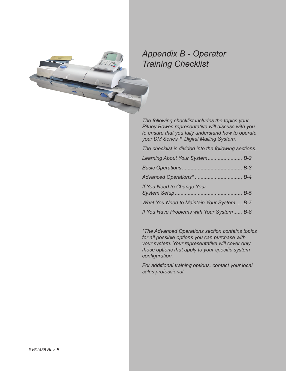 Appendix b - operator trainin� check��ist | Pitney Bowes DM550 User Manual | Page 187 / 208