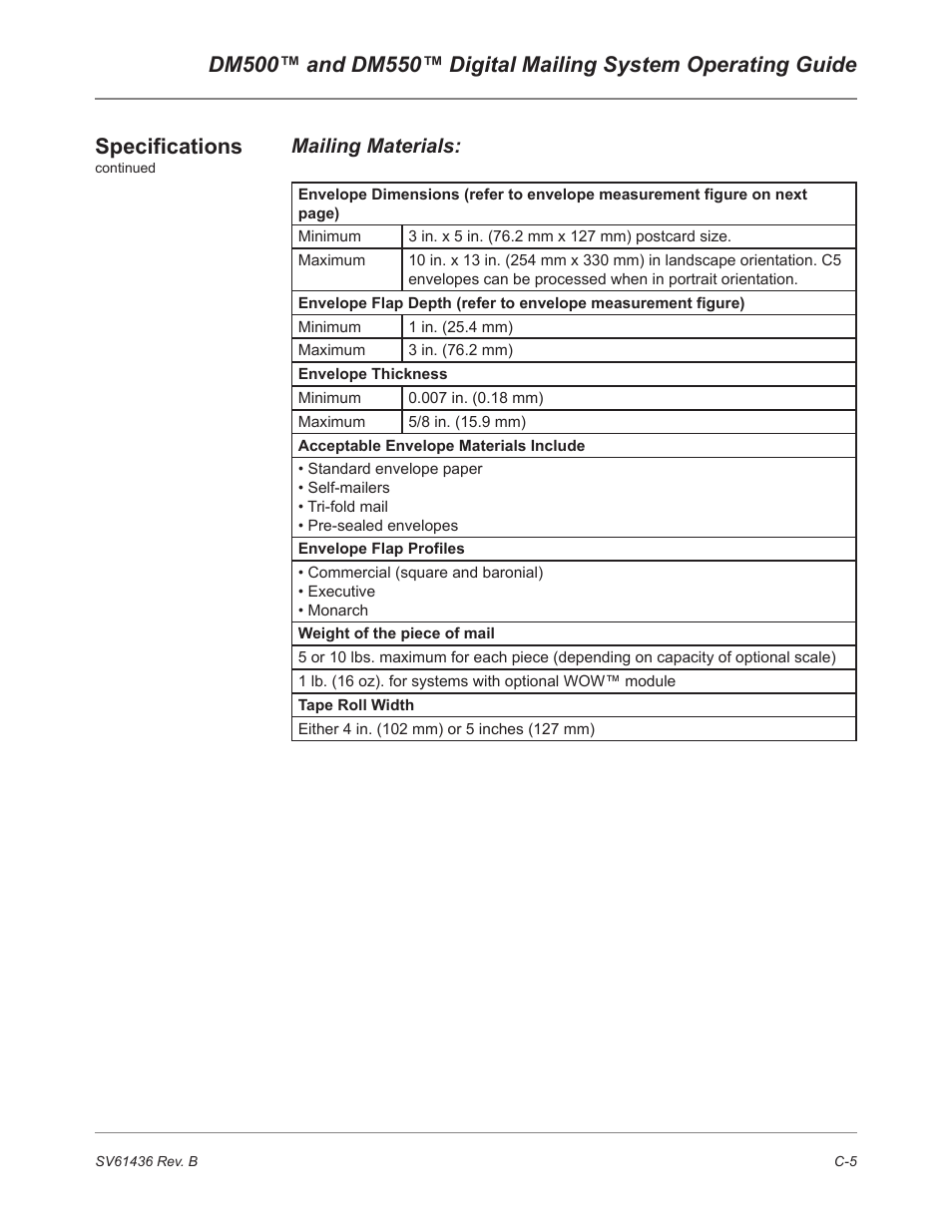 Mailing materials | Pitney Bowes DM550 User Manual | Page 199 / 208