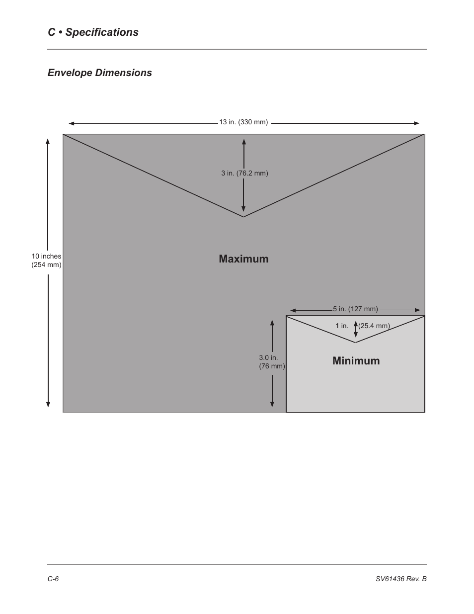 C • specifications, Maximum, Minimum | Envelope dimensions | Pitney Bowes DM550 User Manual | Page 200 / 208