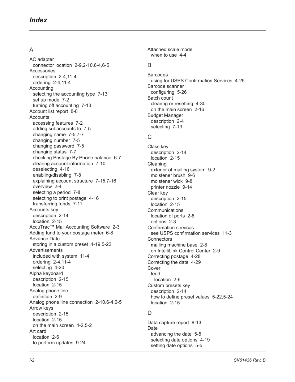 Index | Pitney Bowes DM550 User Manual | Page 202 / 208