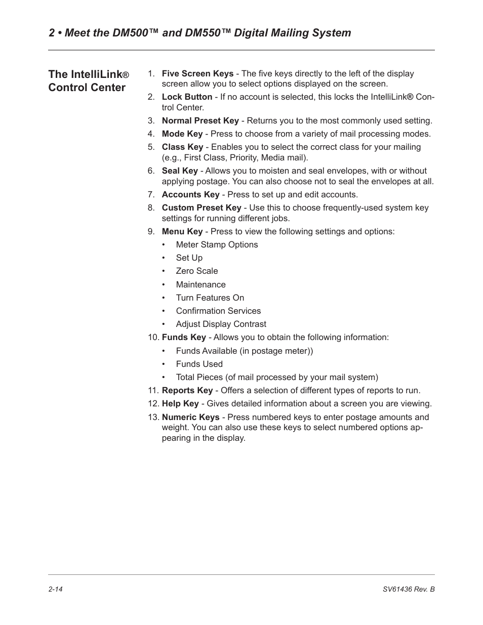 Digital mailing system, The intellilink, Control center | Pitney Bowes DM550 User Manual | Page 32 / 208