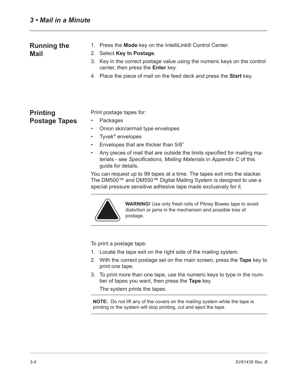 3 • mail in a minute printing postage tapes, Running the mail | Pitney Bowes DM550 User Manual | Page 38 / 208