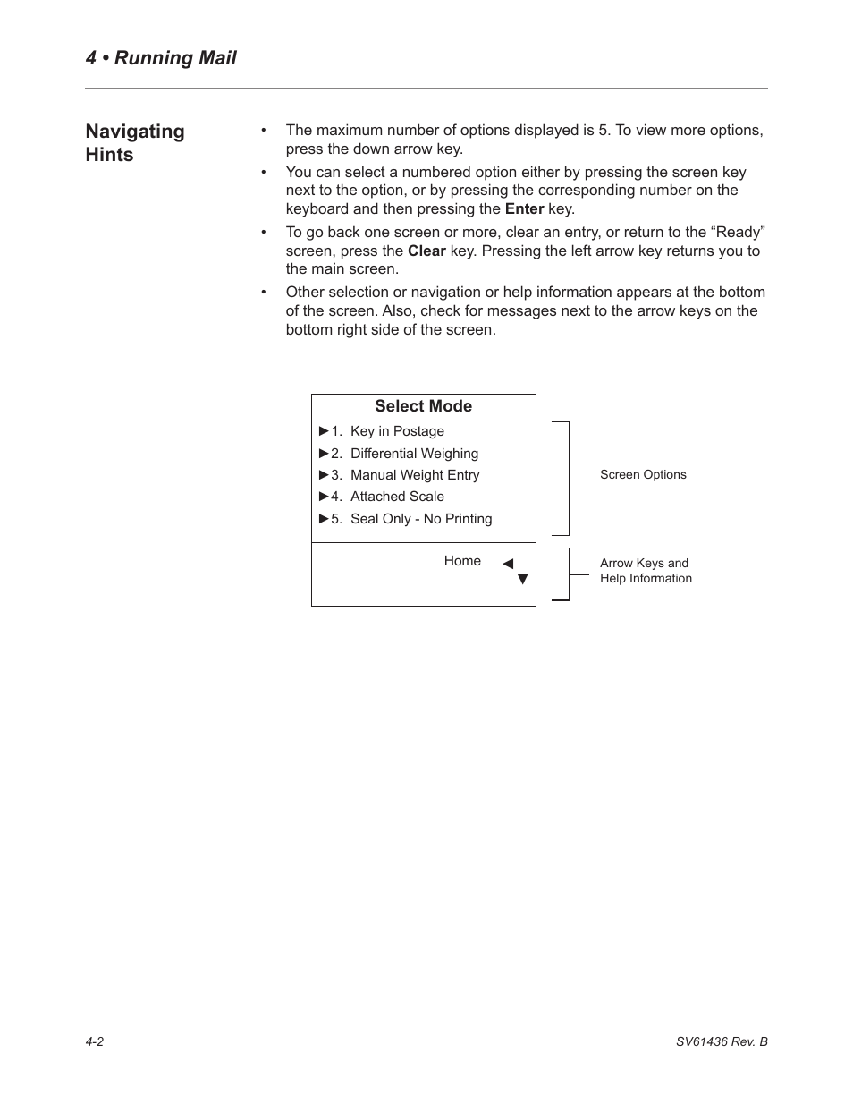 4 • running mail navigating hints | Pitney Bowes DM550 User Manual | Page 40 / 208