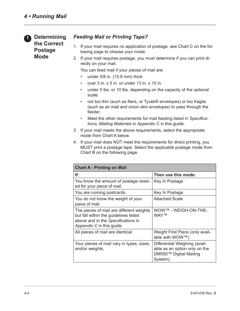 4 • running mail, Determining the correct postage mode | Pitney Bowes DM550 User Manual | Page 42 / 208
