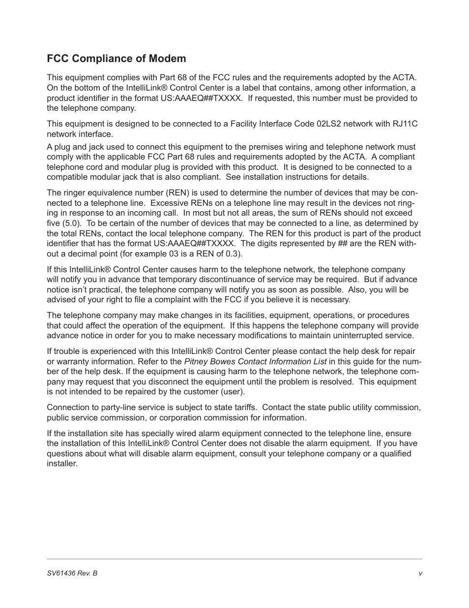 Fcc compliance of modem | Pitney Bowes DM550 User Manual | Page 5 / 208