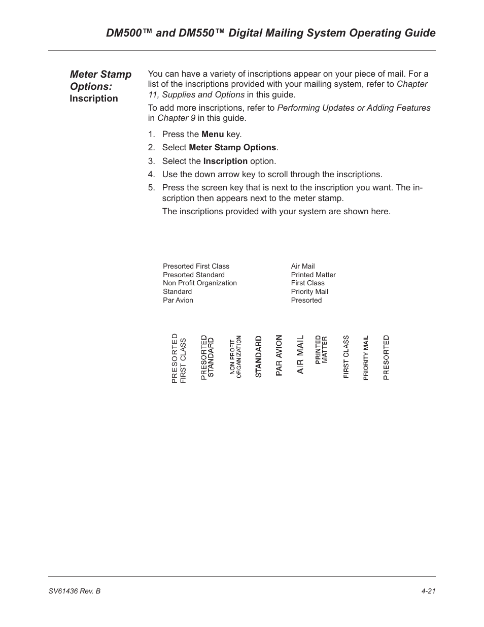 Meter stamp options | Pitney Bowes DM550 User Manual | Page 59 / 208