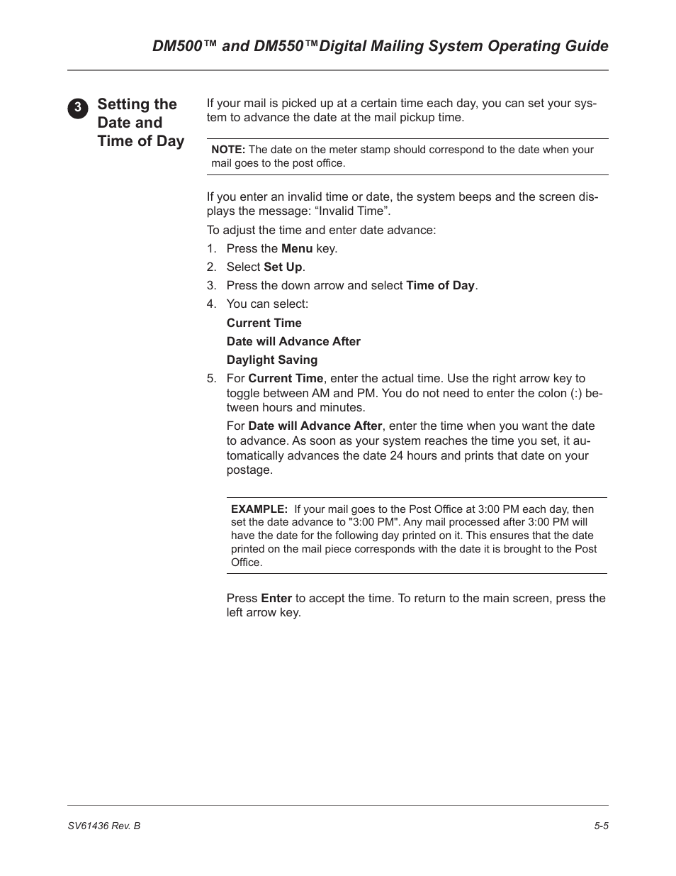 Setting the date and time of day | Pitney Bowes DM550 User Manual | Page 73 / 208