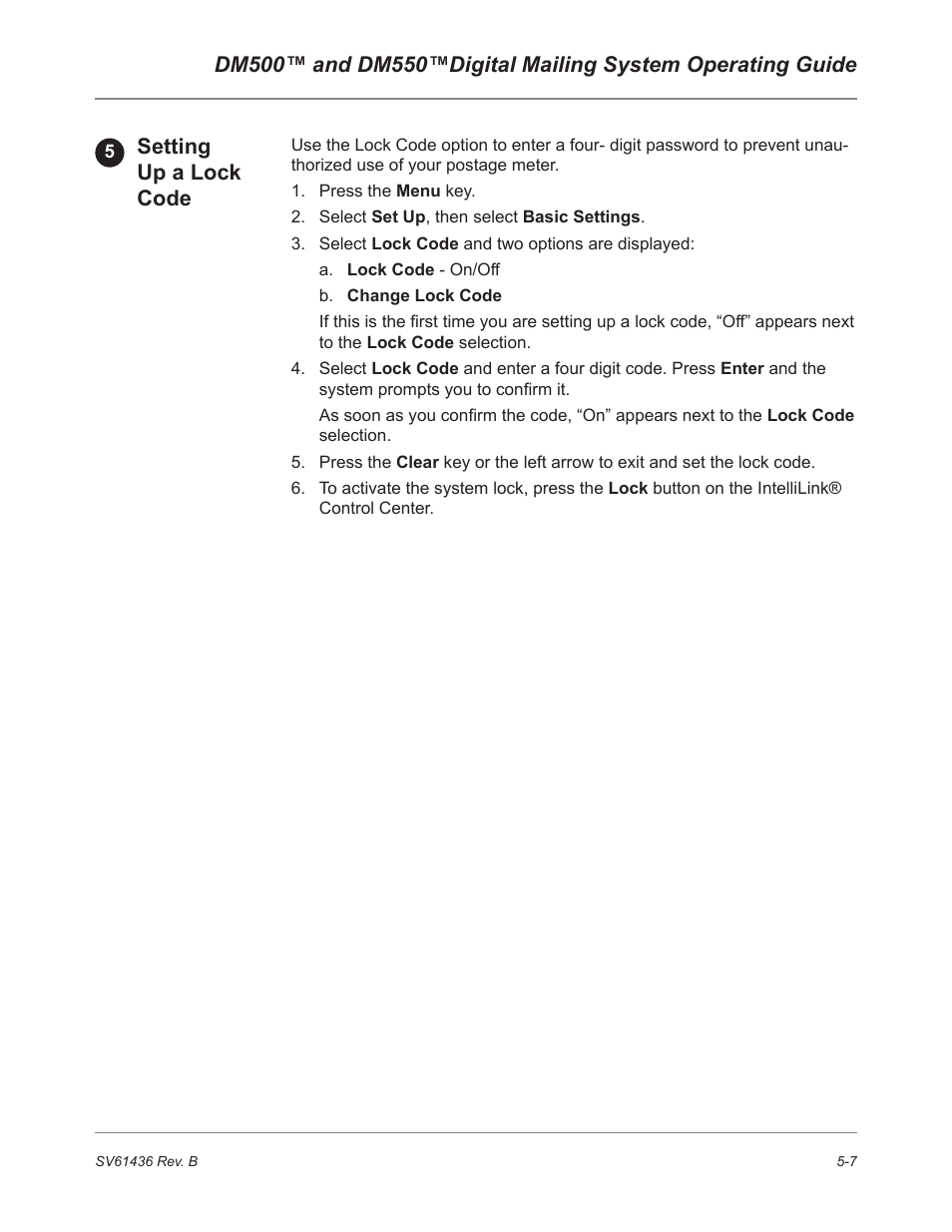 Setting up a lock code | Pitney Bowes DM550 User Manual | Page 75 / 208