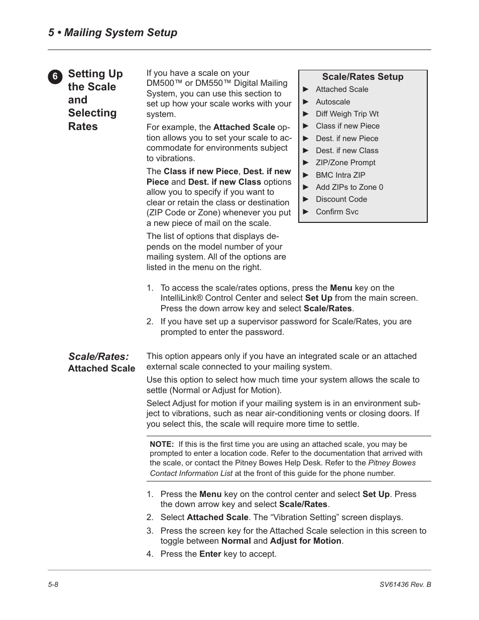 5 • mailing system setup, Setting up the scale and selecting rates | Pitney Bowes DM550 User Manual | Page 76 / 208