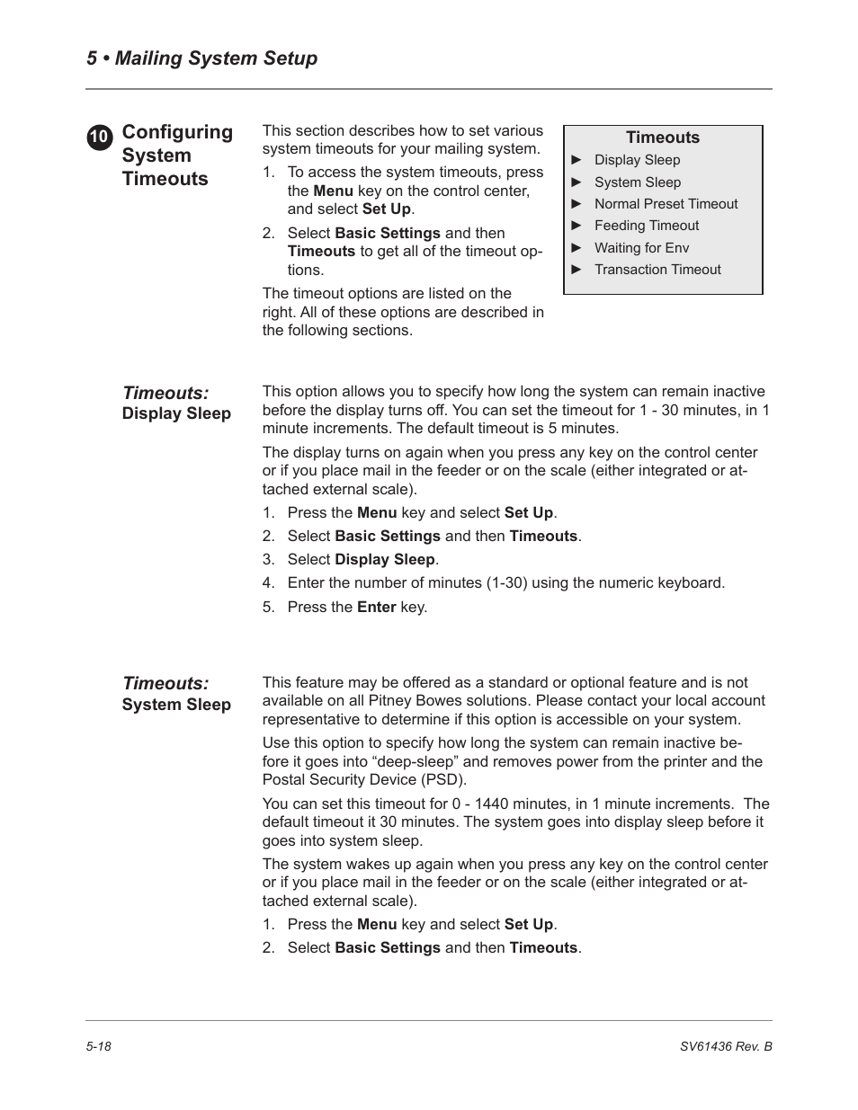 5 • mailing system setup, Configuring system timeouts | Pitney Bowes DM550 User Manual | Page 86 / 208