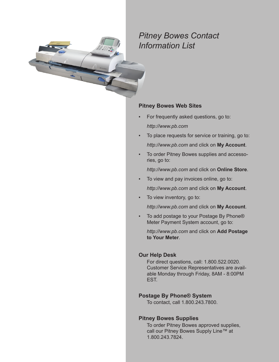 Pitney bowes contact information list | Pitney Bowes DM550 User Manual | Page 9 / 208