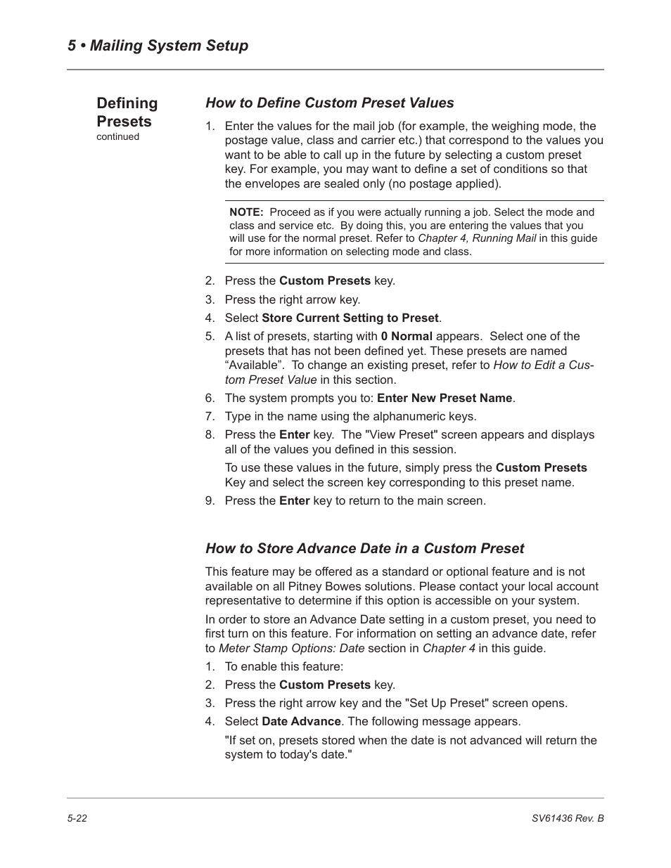 5 • mailing system setup, Defining presets | Pitney Bowes DM550 User Manual | Page 90 / 208