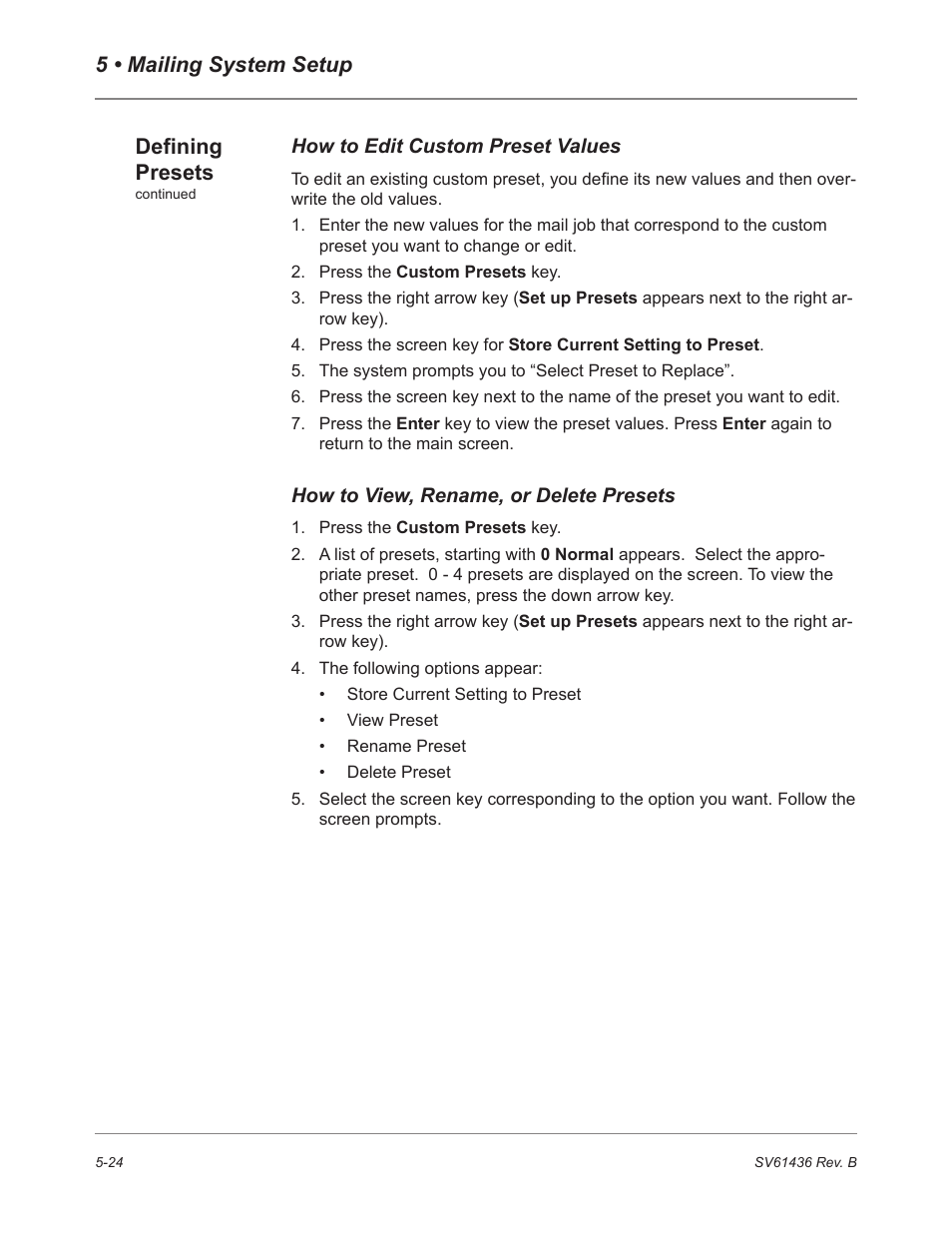 5 • mailing system setup, Defining presets | Pitney Bowes DM550 User Manual | Page 92 / 208