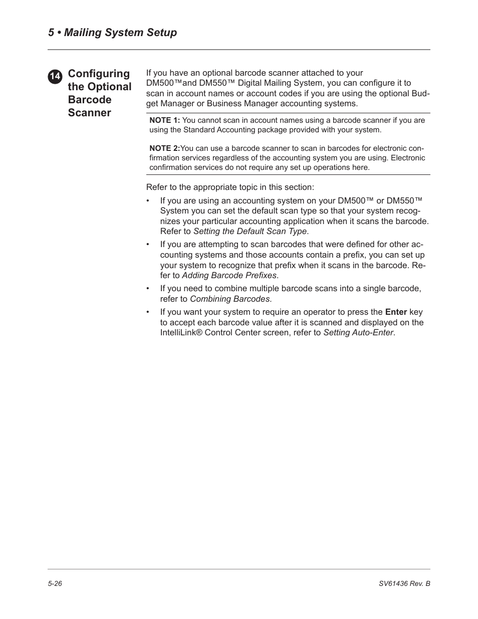 5 • mailing system setup, Configuring the optional barcode scanner | Pitney Bowes DM550 User Manual | Page 94 / 208