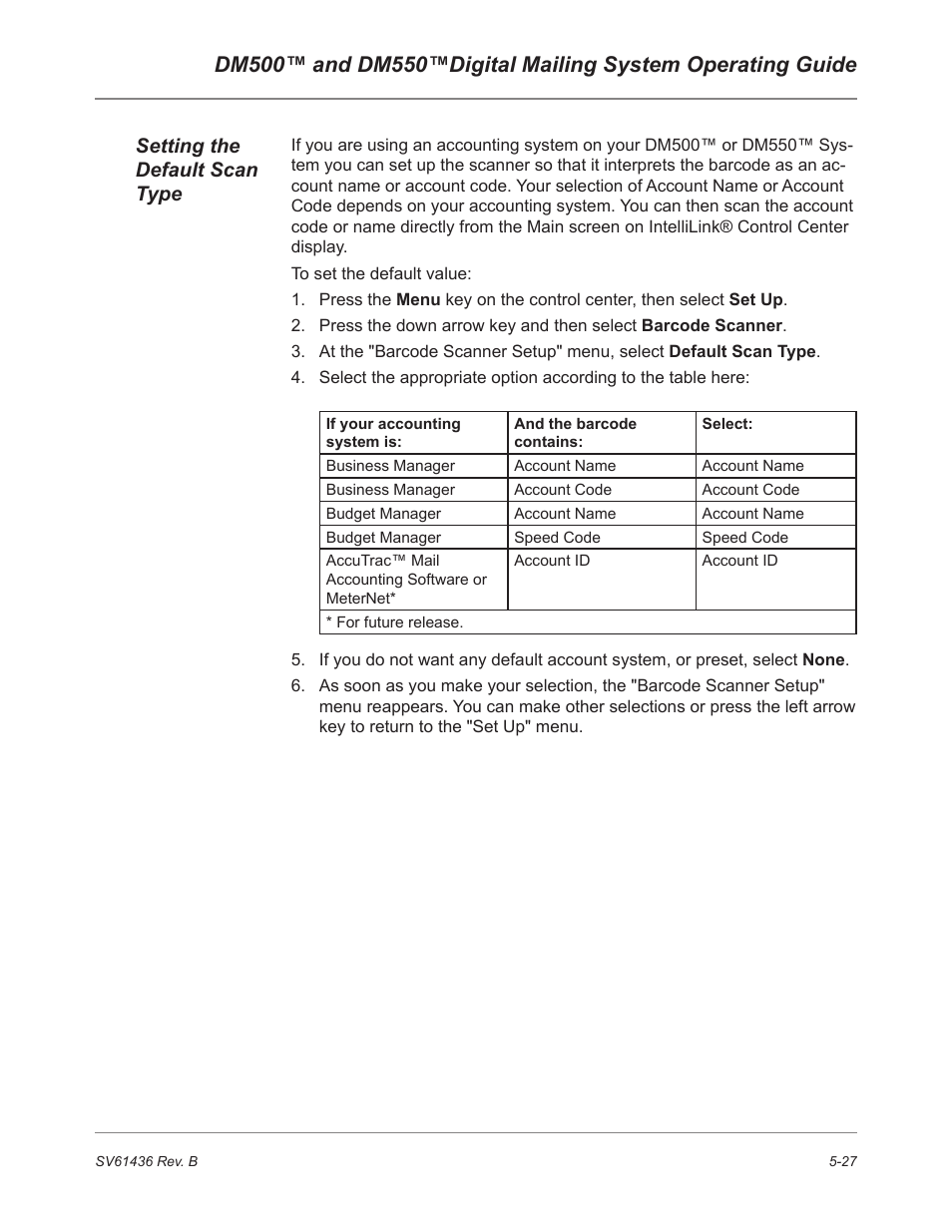 Setting the default scan type | Pitney Bowes DM550 User Manual | Page 95 / 208