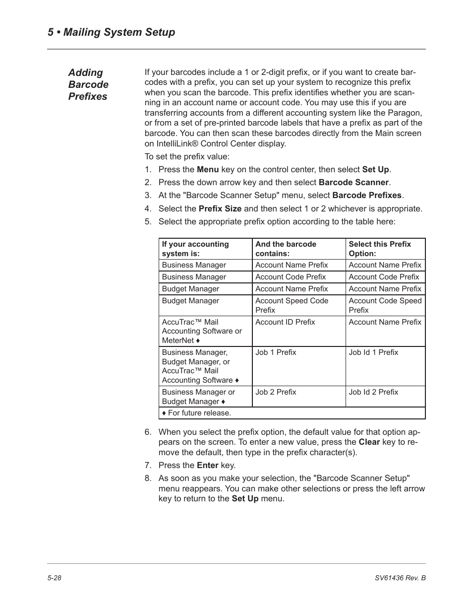 5 • mailing system setup, Adding barcode prefixes | Pitney Bowes DM550 User Manual | Page 96 / 208