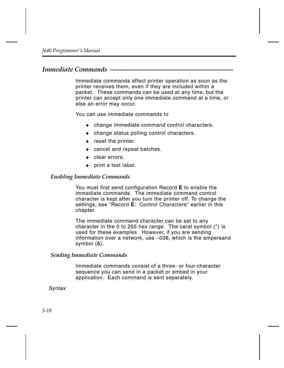 Immediate commands | Pitney Bowes J640 User Manual | Page 104 / 267