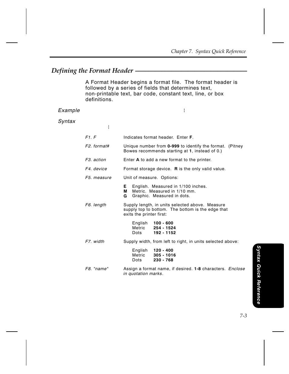 Defining the format header | Pitney Bowes J640 User Manual | Page 118 / 267