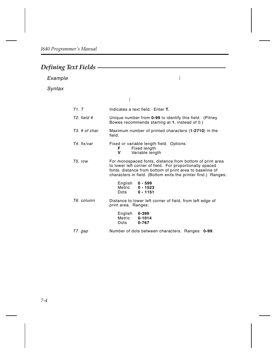 Defining text fields | Pitney Bowes J640 User Manual | Page 119 / 267