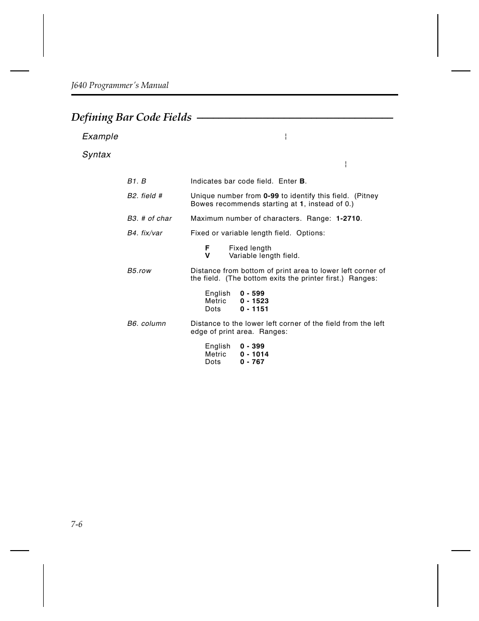 Defining bar code fields | Pitney Bowes J640 User Manual | Page 121 / 267