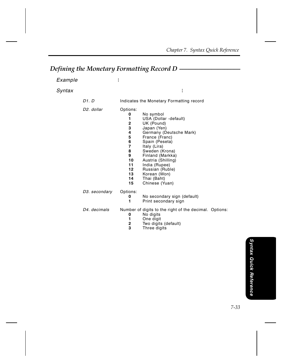 Defining the monetary formatting record d | Pitney Bowes J640 User Manual | Page 148 / 267