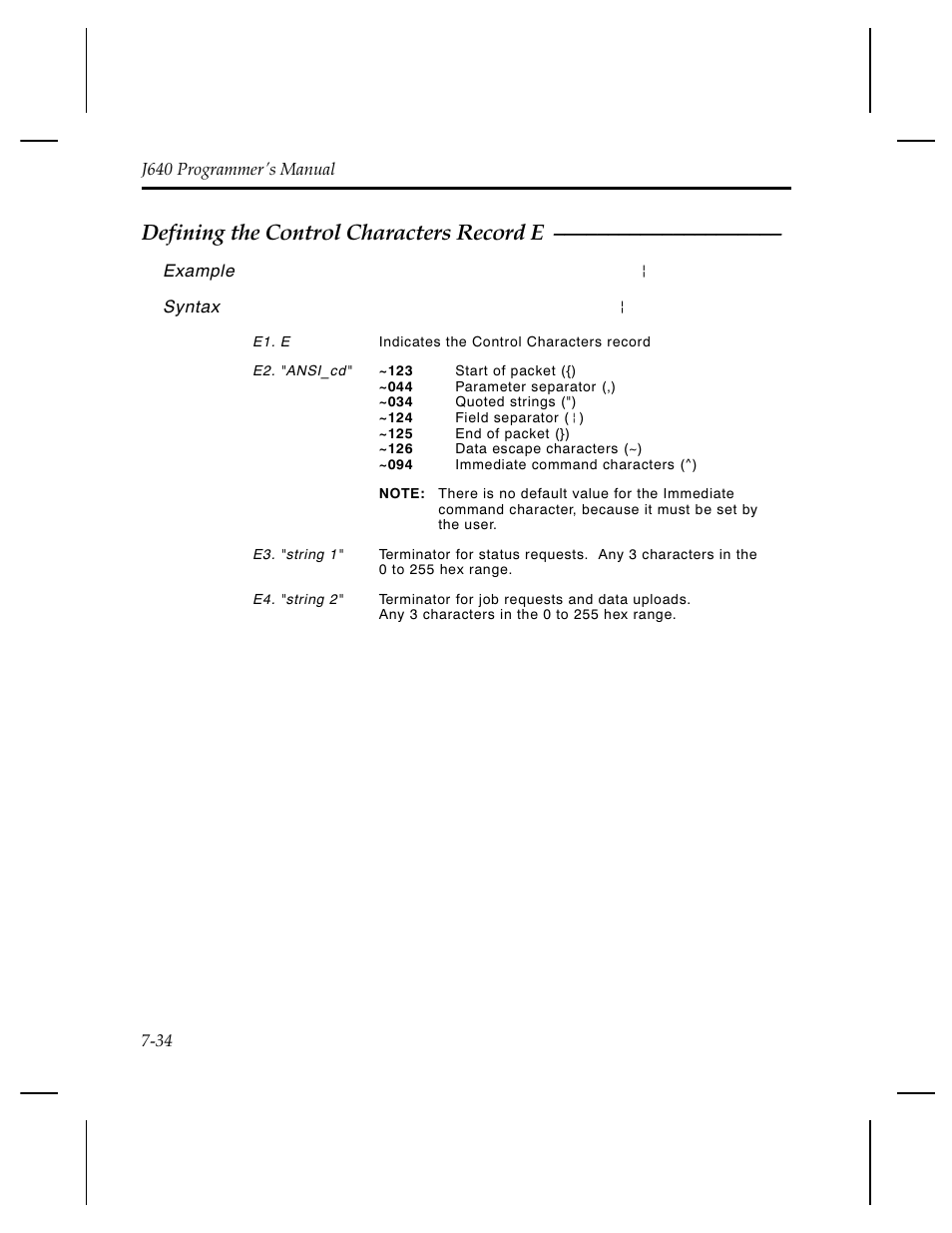 Defining the control characters record e | Pitney Bowes J640 User Manual | Page 149 / 267