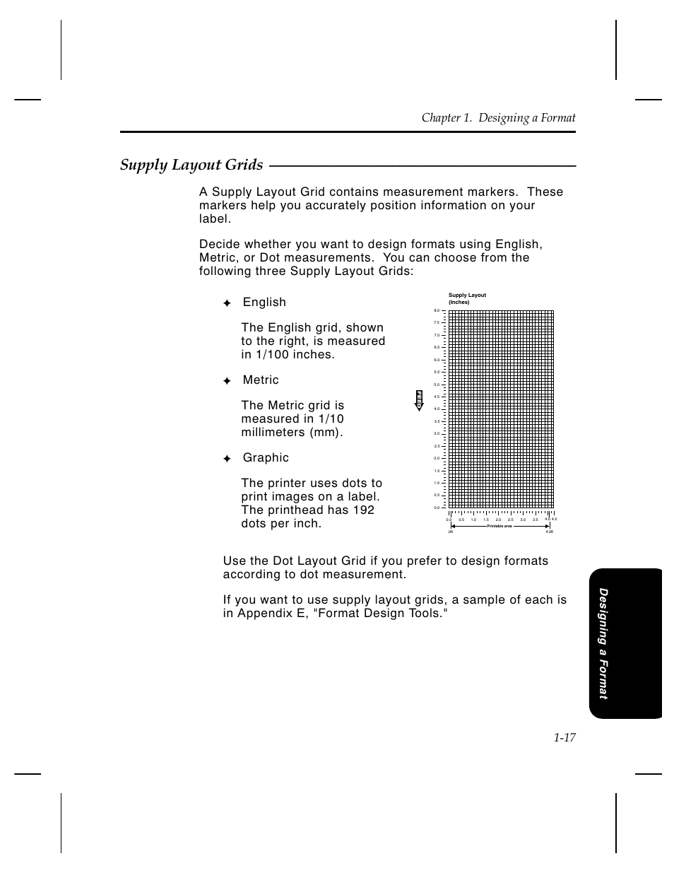 Supply layout grids, Chapter 1. designing a format 1-17 | Pitney Bowes J640 User Manual | Page 19 / 267