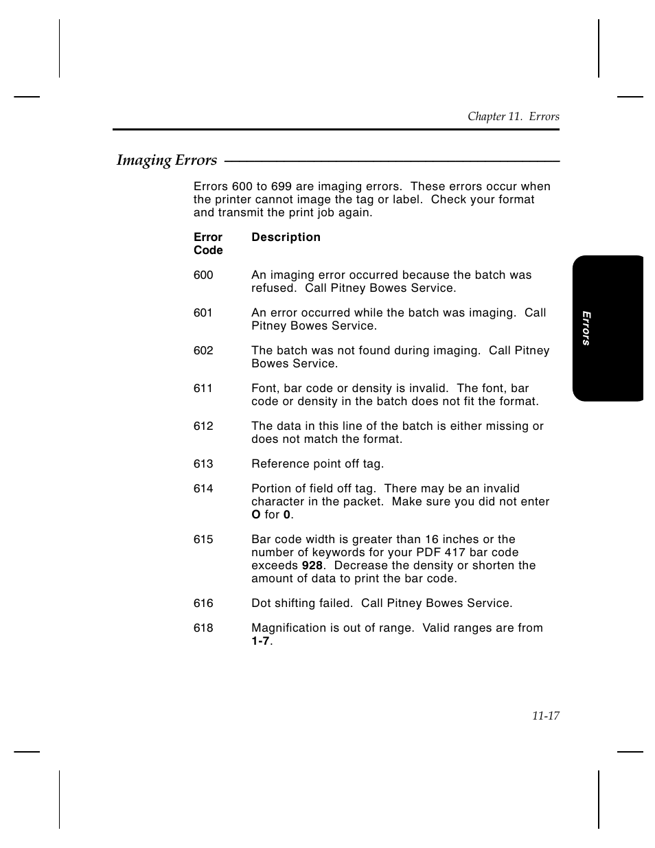 Imaging errors | Pitney Bowes J640 User Manual | Page 222 / 267