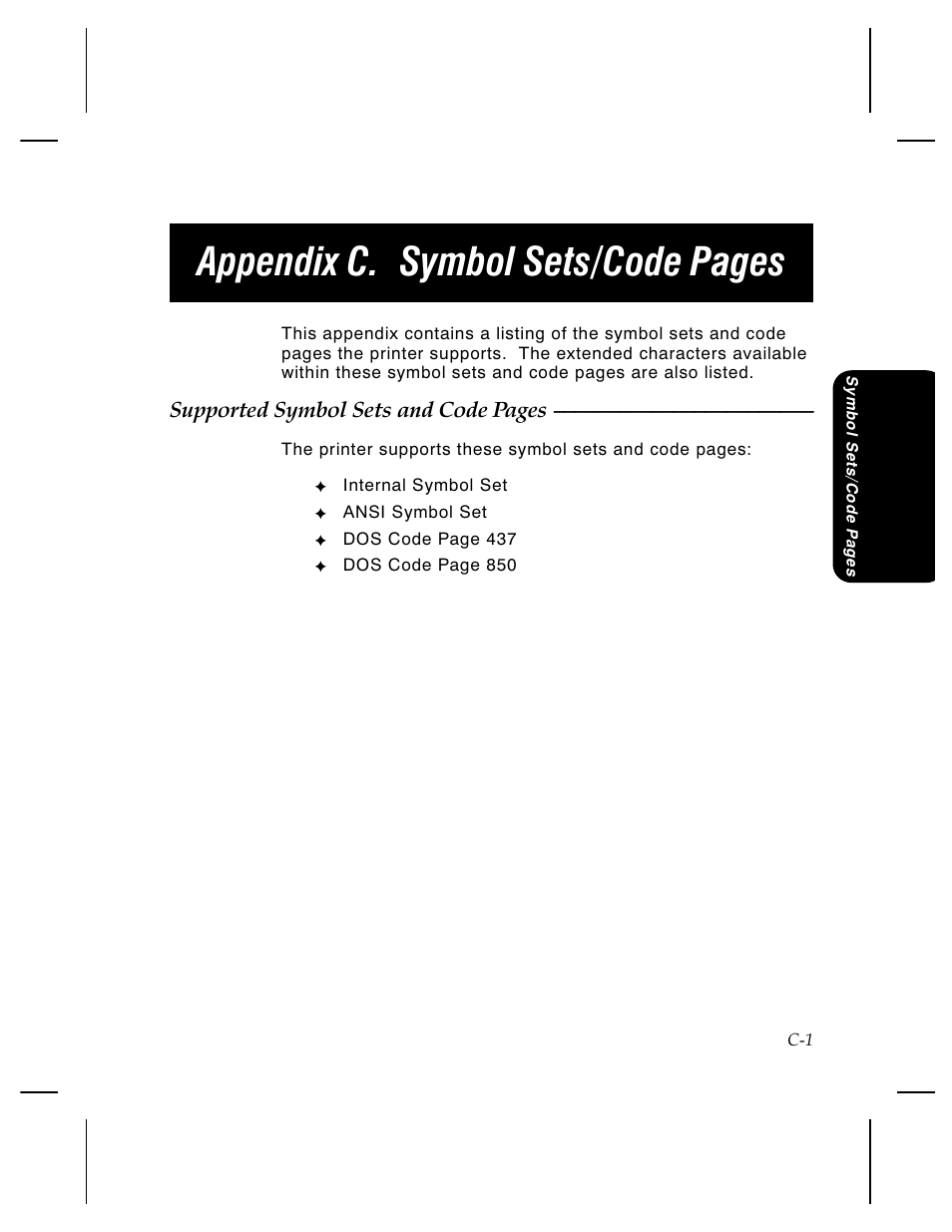 Appendix c. symbol sets/code pages, Supported symbol sets and code pages | Pitney Bowes J640 User Manual | Page 243 / 267