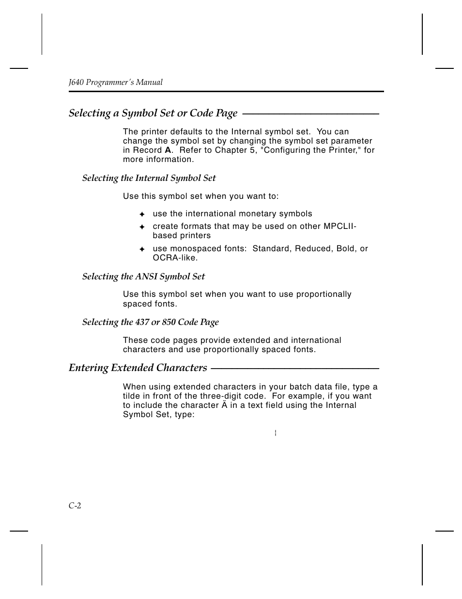 Selecting a symbol set or code page, Entering extended characters | Pitney Bowes J640 User Manual | Page 244 / 267