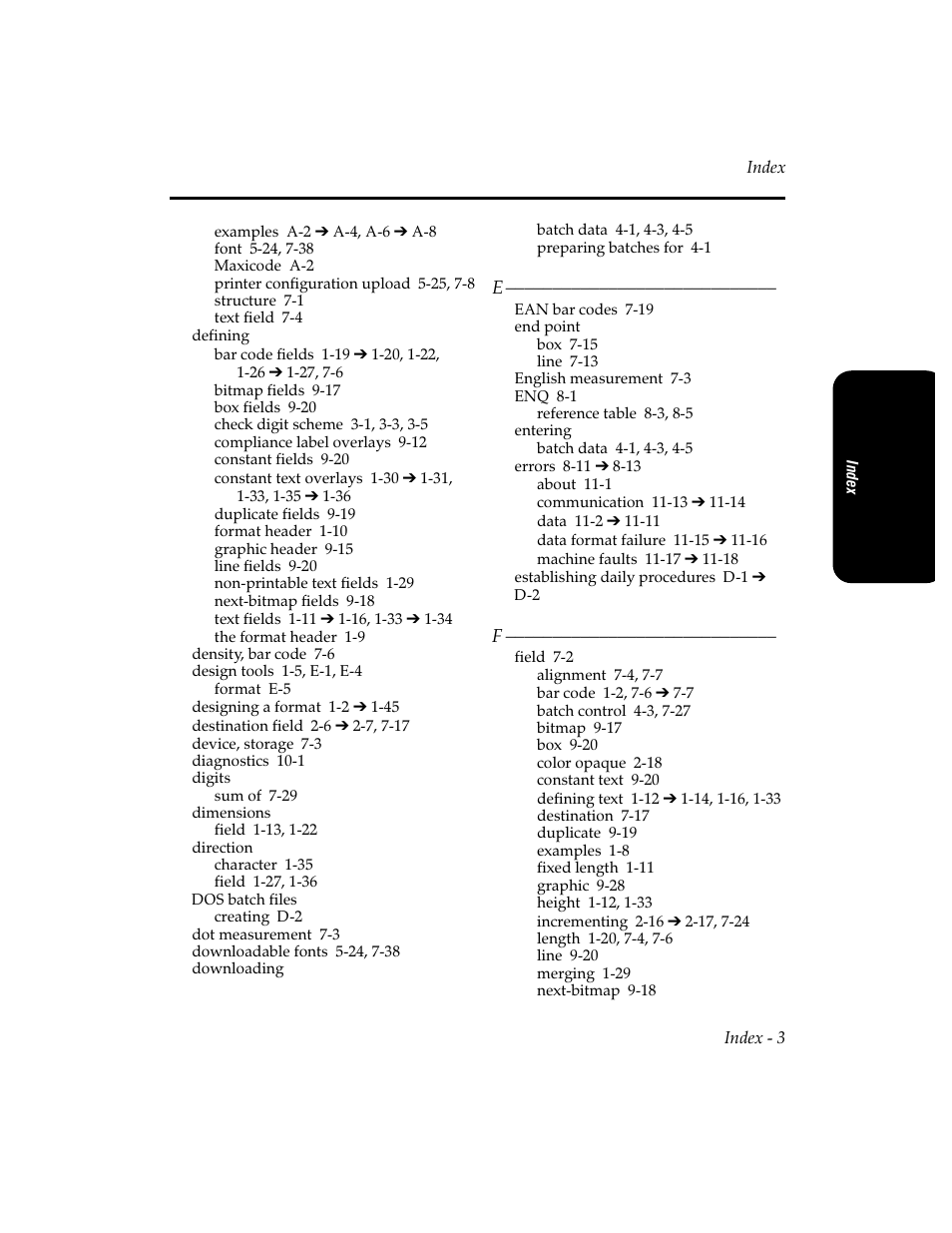 Field color, Fields, Printer configurations upload 5-25 | Structure 7-1 ¦ 7-38, Fixed, Font 1-14, 1-30, 1-33, b-1 ¦ b-2, Format, Generating, Graphic, Graphic image | Pitney Bowes J640 User Manual | Page 260 / 267