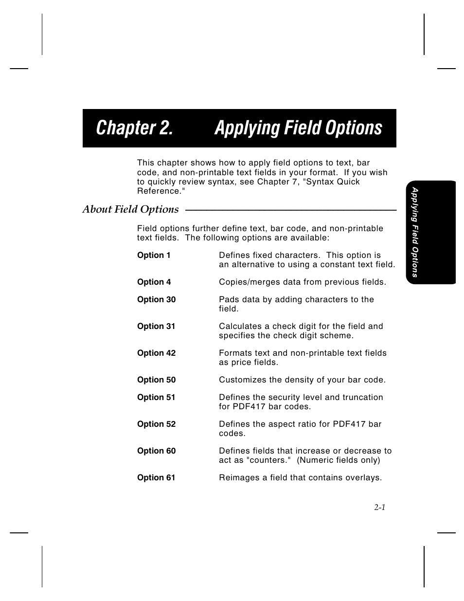 Chapter 2. applying field options | Pitney Bowes J640 User Manual | Page 57 / 267