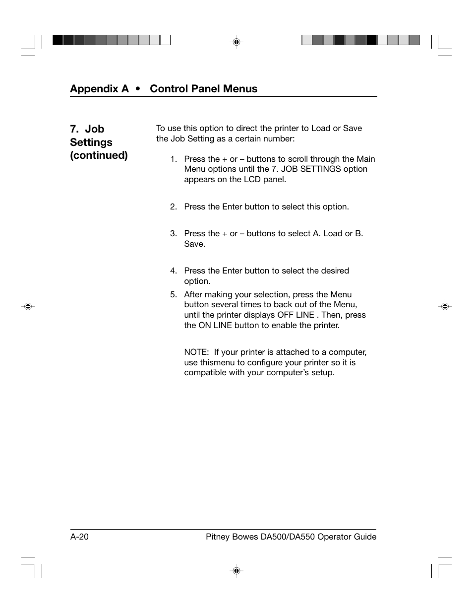 Appendix a • control panel menus, Job settings (continued) | Pitney Bowes ADDRESSRIGHT DA550 User Manual | Page 100 / 135